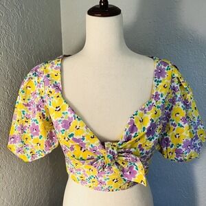 River Island Floral Print Puff Sleeve Crop Top, Yellow/Purple, Small/Size 4, NWT